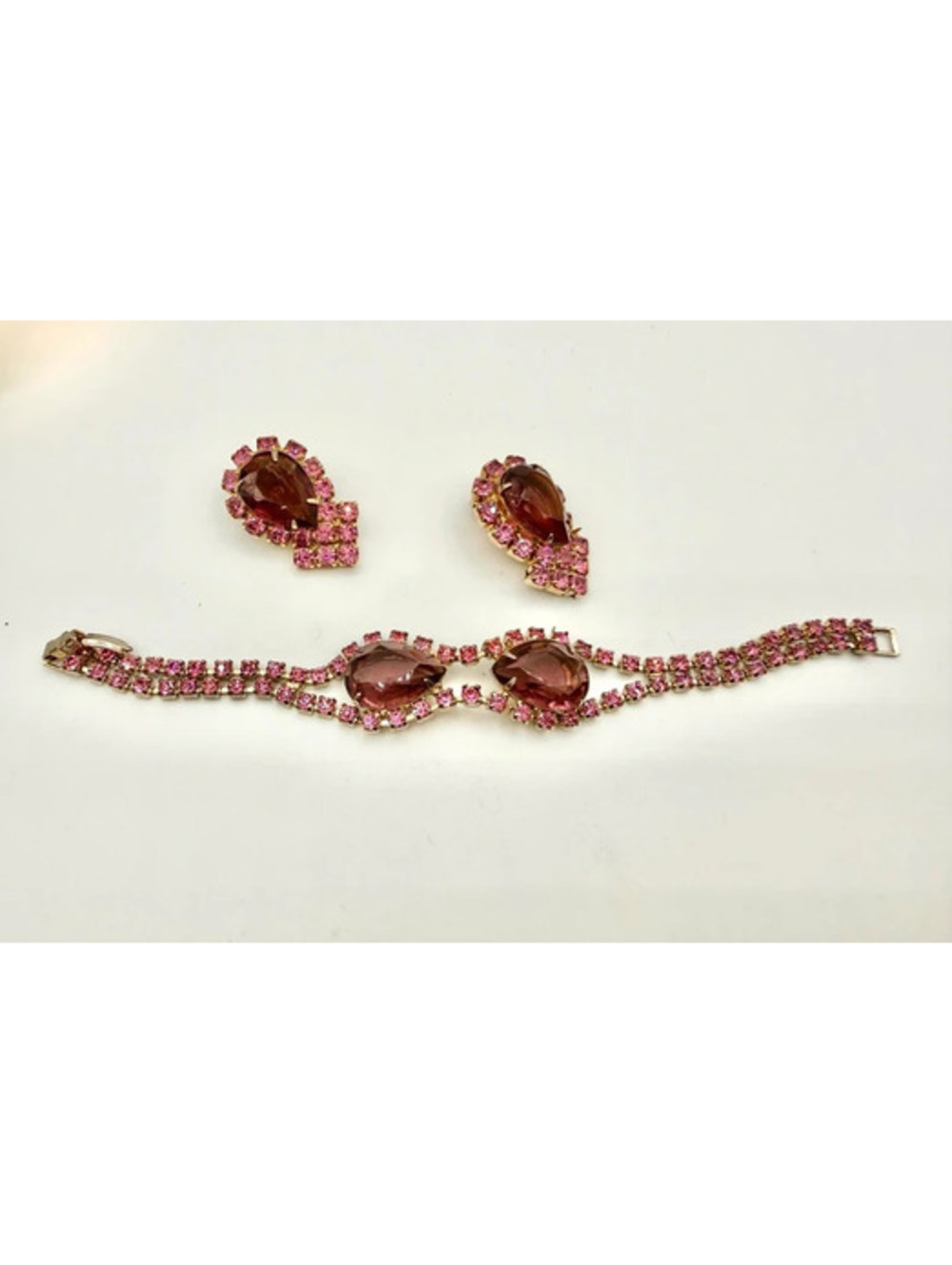 Vintage Pink Rhinestone Bracelet and clip on Earrings Set